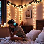 ** A person relaxing in a cozy room, dimly lit with fairy lights, listening to ASMR through headphones. The room has a diffuser with essential oils and soft linen bedding. The overall mood should be peaceful and serene.

**