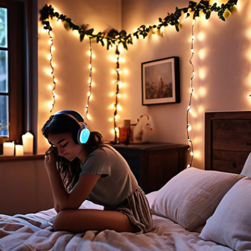 ** A person relaxing in a cozy room, dimly lit with fairy lights, listening to ASMR through headphones. The room has a diffuser with essential oils and soft linen bedding. The overall mood should be peaceful and serene.

**