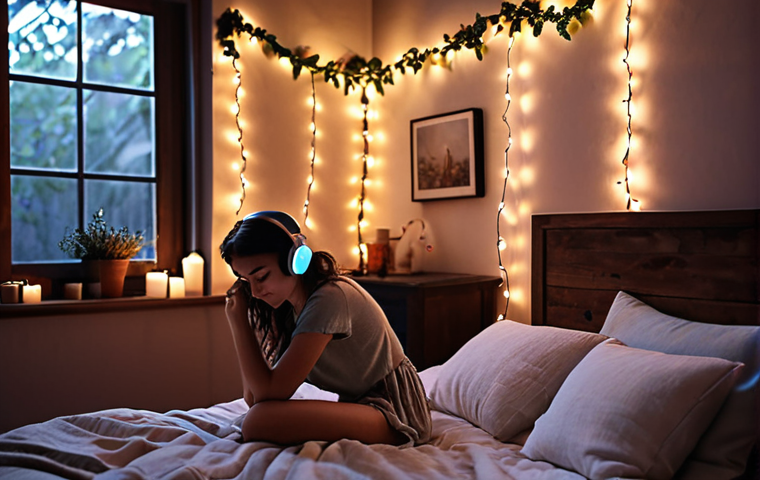 ** A person relaxing in a cozy room, dimly lit with fairy lights, listening to ASMR through headphones. The room has a diffuser with essential oils and soft linen bedding. The overall mood should be peaceful and serene.
**