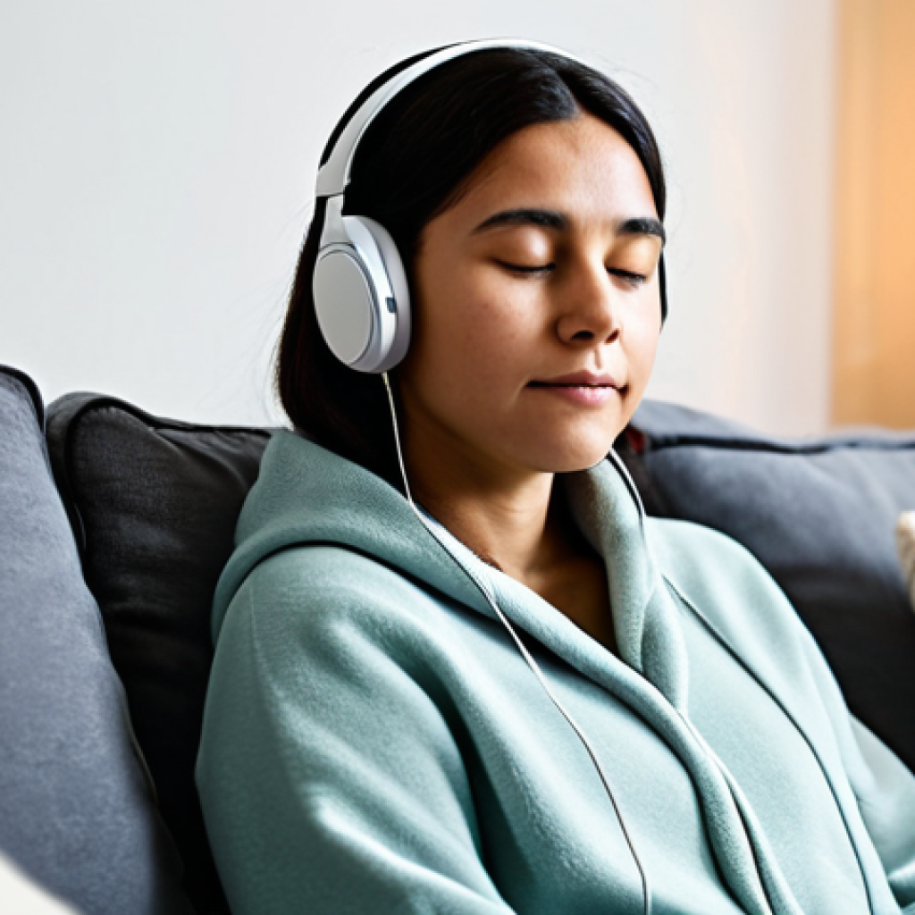A serene individual with a calm expression, wearing modest and comfortable attire, seated comfortably on a plush sofa in a softly lit, cozy living room. They are wearing over-ear headphones, with their eyes gently closed, immersed in a state of deep relaxation. The room features warm ambient lighting and a soft throw blanket. professional photography, high quality, natural pose, perfect anatomy, correct proportions, well-formed hands, proper finger count, natural body proportions, safe for work, appropriate content, fully clothed, modest, family-friendly.