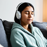 A serene individual with a calm expression, wearing modest and comfortable attire, seated comfortably on a plush sofa in a softly lit, cozy living room. They are wearing over-ear headphones, with their eyes gently closed, immersed in a state of deep relaxation. The room features warm ambient lighting and a soft throw blanket. professional photography, high quality, natural pose, perfect anatomy, correct proportions, well-formed hands, proper finger count, natural body proportions, safe for work, appropriate content, fully clothed, modest, family-friendly.