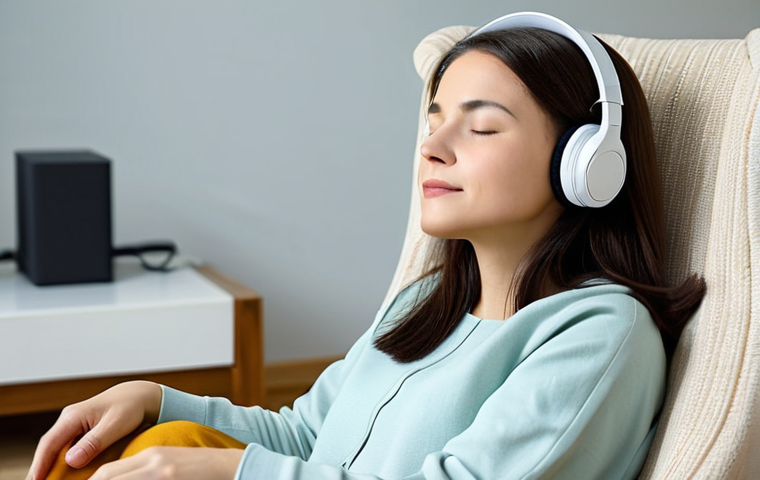 ASMR Relaxation**

"A woman sitting comfortably in a cozy armchair in a brightly lit living room, wearing modest clothing, eyes closed and a serene expression on her face, listening to ASMR through headphones. Soft lighting, focus on the woman's peaceful expression. safe for work, appropriate content, fully clothed, professional, perfect anatomy, correct proportions, natural pose, well-formed hands, proper finger count, natural body proportions."

**