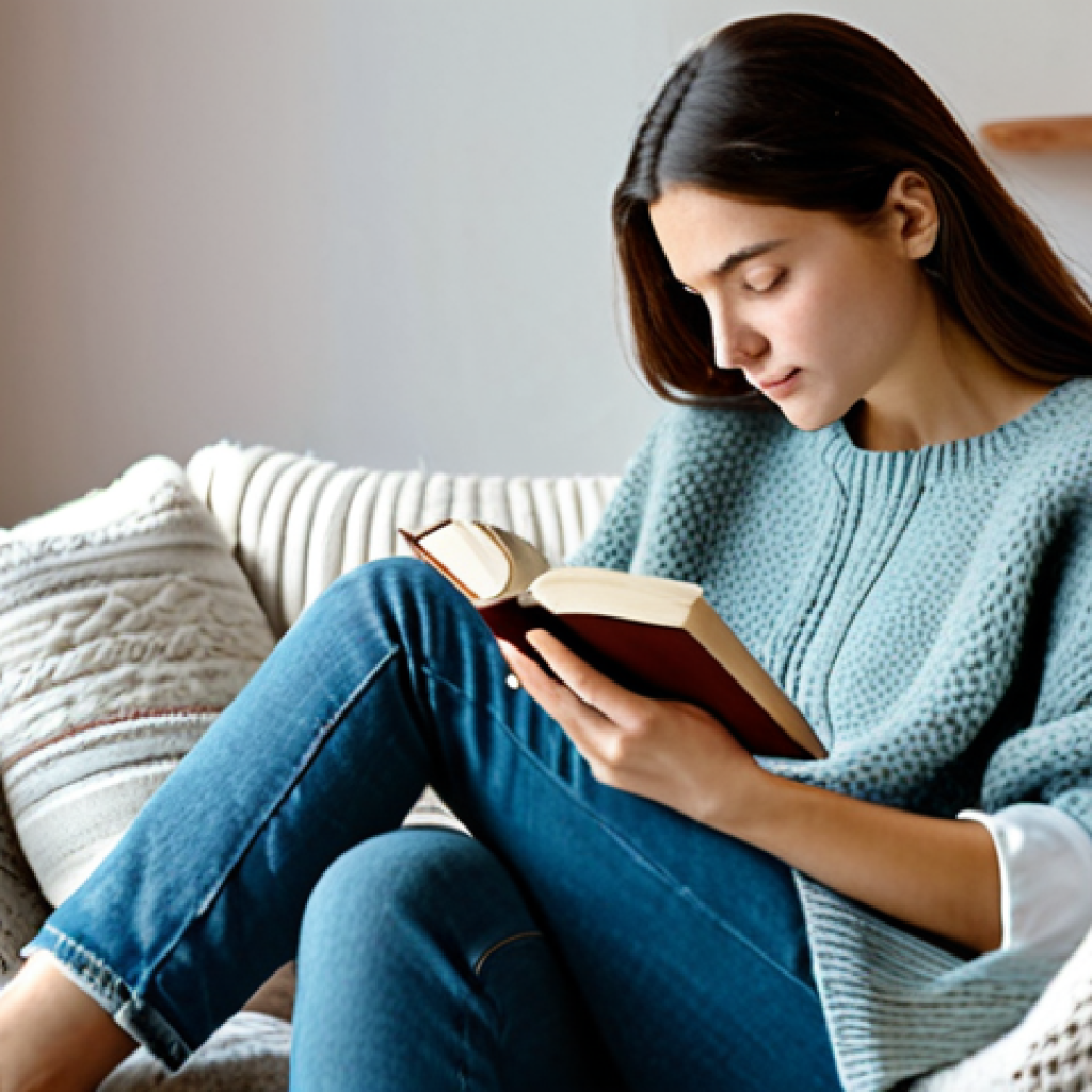 Sensory Exploration**

"A woman with a serene expression, fully clothed in a comfortable sweater and jeans, sitting in a cozy armchair surrounded by various textured objects (a soft blanket, a wooden bowl, a smooth stone). She is holding a book with delicate pages. The background is a softly lit living room with pastel colors. safe for work, appropriate content, fully clothed, professional photography, perfect anatomy, natural proportions, modest, family-friendly."

**