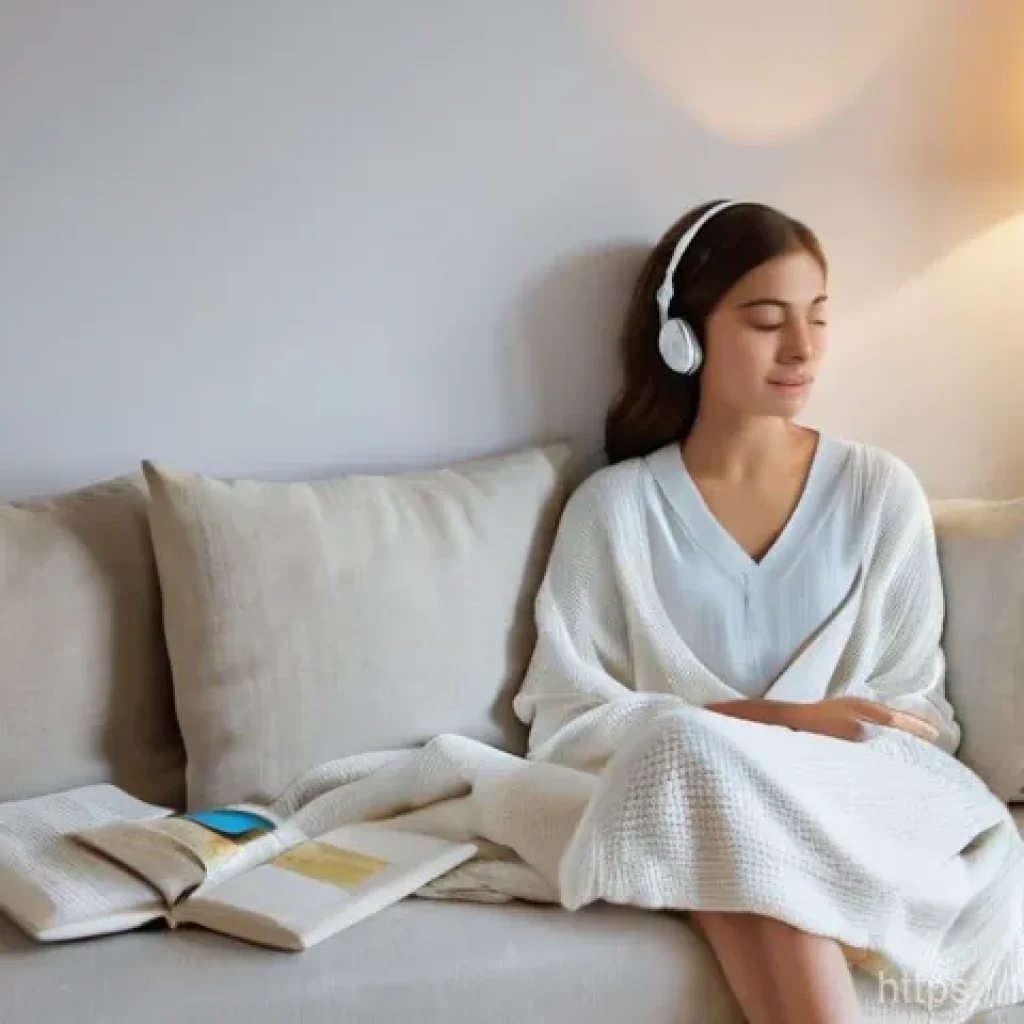 ASMR이 스트레스 호르몬에 미치는 영향 - **Prompt: "A serene young woman, appearing initially overwhelmed and stressed, finds deep relaxation...