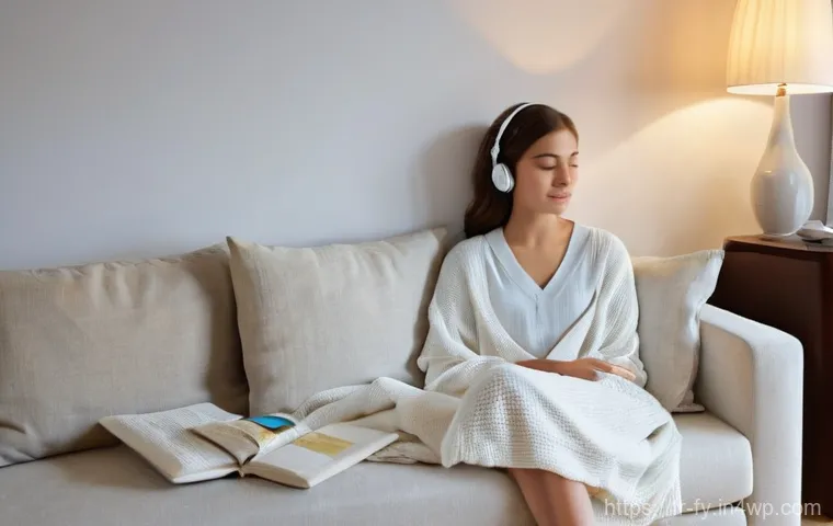 ASMR이 스트레스 호르몬에 미치는 영향 - **Prompt: "A serene young woman, appearing initially overwhelmed and stressed, finds deep relaxation...
