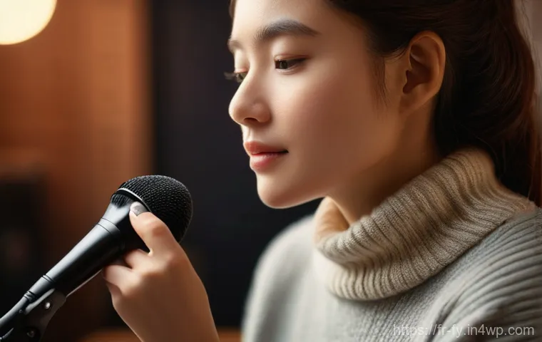 ASMR의 문화적 맥락과 심리적 의미 - **Prompt:** A serene, softly lit close-up shot of a person, likely female, with a gentle, focused ex...