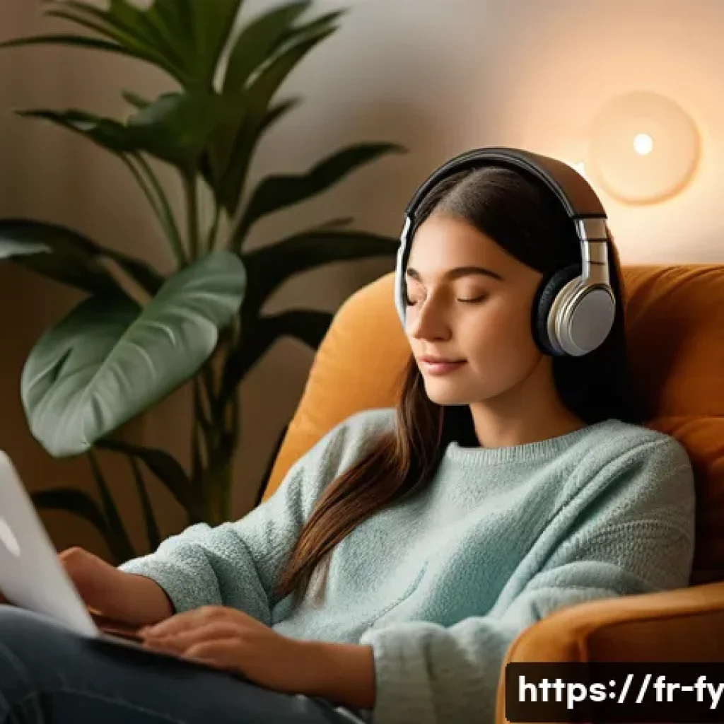 ASMR의 심리적 혜택과 사례 연구 - A serene indoor scene showcasing a young adult woman sitting comfortably in a softly lit room design...