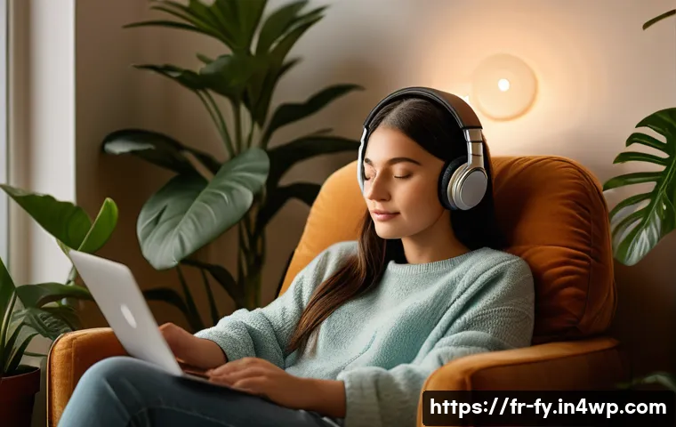 ASMR의 심리적 혜택과 사례 연구 - A serene indoor scene showcasing a young adult woman sitting comfortably in a softly lit room design...