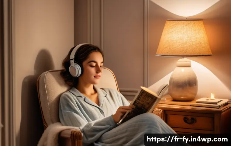 ASMR로 심리적 웰빙 증진하기 - A cozy, softly lit bedroom scene in a typical Parisian apartment, featuring a young adult woman sitt...