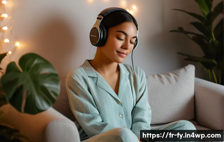 ASMR의 심리적 효과에 대한 사례 분석 - A serene, softly lit bedroom scene at night featuring a relaxed adult woman sitting comfortably on a...
