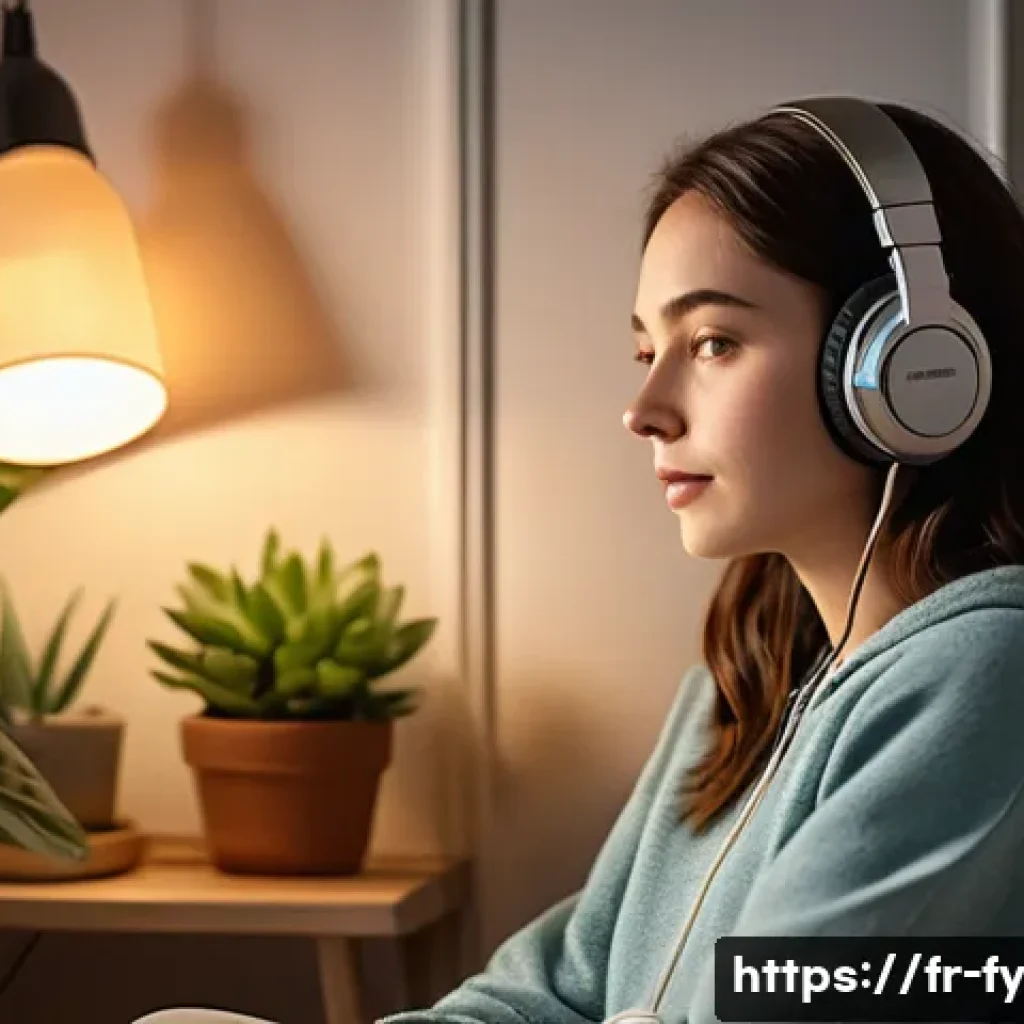 ASMR과 감정적 안정성의 관계 - A serene and cozy indoor scene of a young adult woman wearing comfortable casual clothes and headpho...