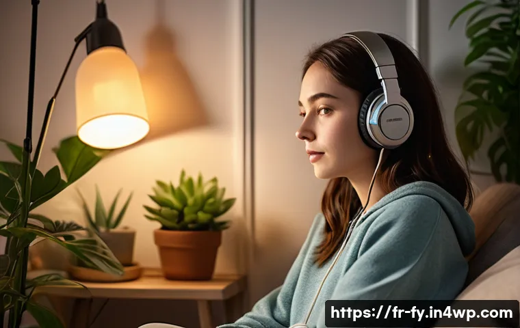 ASMR과 감정적 안정성의 관계 - A serene and cozy indoor scene of a young adult woman wearing comfortable casual clothes and headpho...