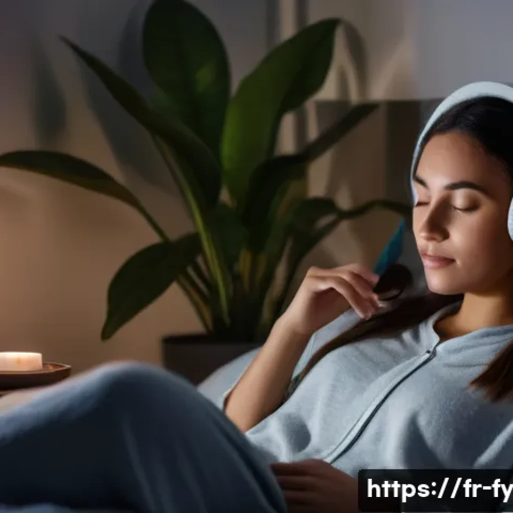 ASMR의 심리 치료적 접근 - A serene bedroom scene at night featuring a young adult woman sitting comfortably on a cozy bed with...