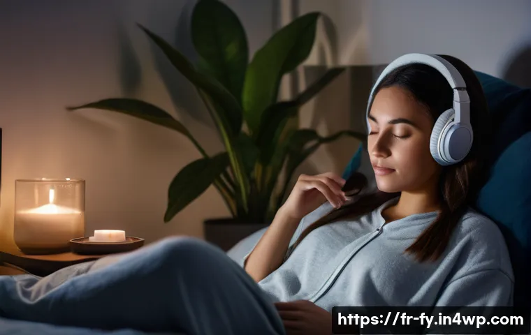 ASMR의 심리 치료적 접근 - A serene bedroom scene at night featuring a young adult woman sitting comfortably on a cozy bed with...