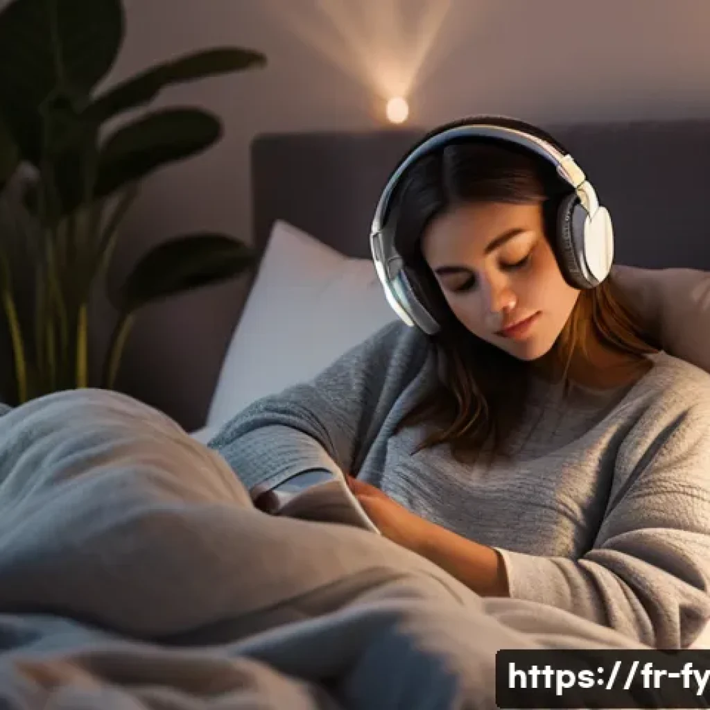 ASMR을 통한 긴장 완화 방법 - A cozy, softly lit bedroom scene at night featuring a young adult woman sitting comfortably on a plu...