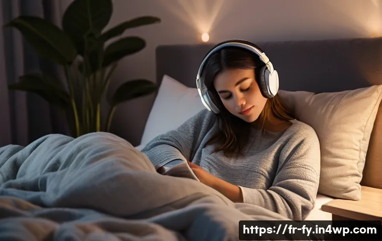 ASMR을 통한 긴장 완화 방법 - A cozy, softly lit bedroom scene at night featuring a young adult woman sitting comfortably on a plu...