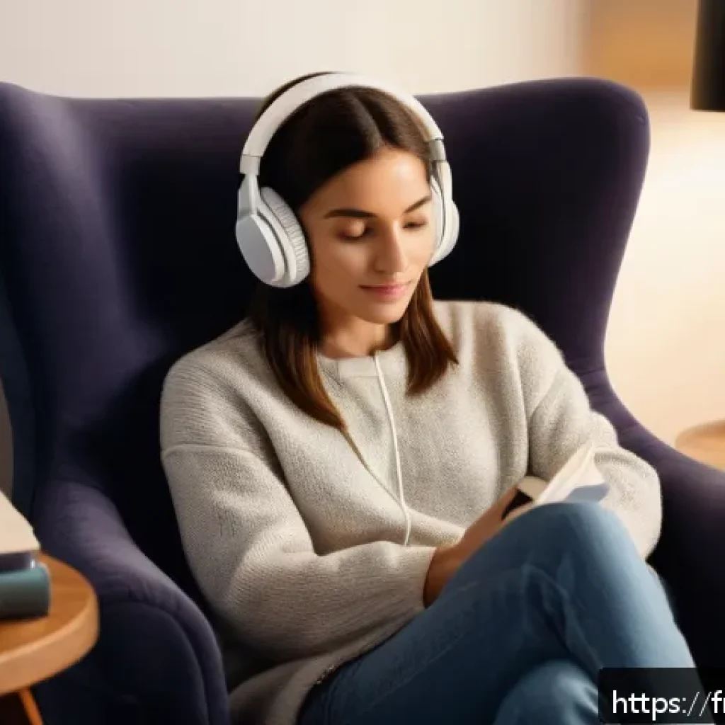 ASMR과 심리적 즐거움의 관계 - A serene indoor setting featuring a young adult woman sitting comfortably in a plush armchair, weari...