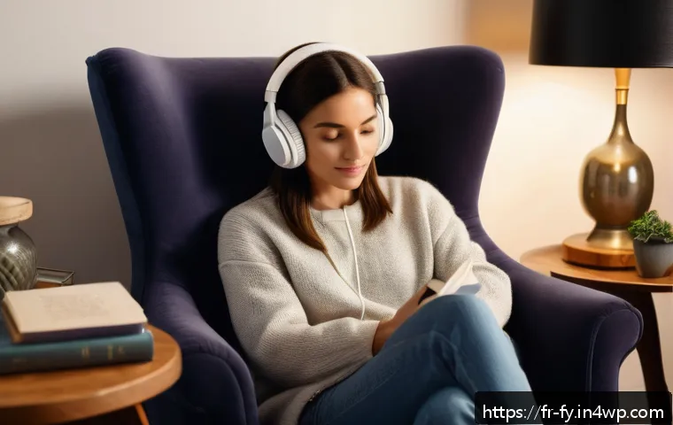 ASMR과 심리적 즐거움의 관계 - A serene indoor setting featuring a young adult woman sitting comfortably in a plush armchair, weari...