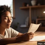 ASMR의 심리적 효과에 대한 연구 결과 - A serene, cozy indoor scene showing a young adult woman sitting comfortably in a softly lit room wit...