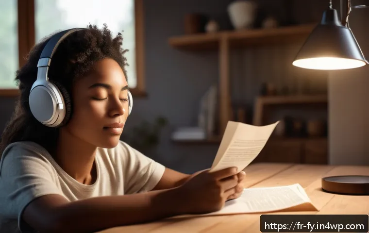ASMR의 심리적 효과에 대한 연구 결과 - A serene, cozy indoor scene showing a young adult woman sitting comfortably in a softly lit room wit...
