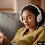 ASMR 체험이 감정에 미치는 영향 - A serene indoor scene featuring a young adult woman sitting comfortably in a cozy, softly lit living...