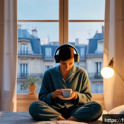 ASMR이 불안감 감소에 미치는 영향 - A serene, cozy bedroom scene at dusk with soft, warm lighting and a person wearing comfortable pajam...
