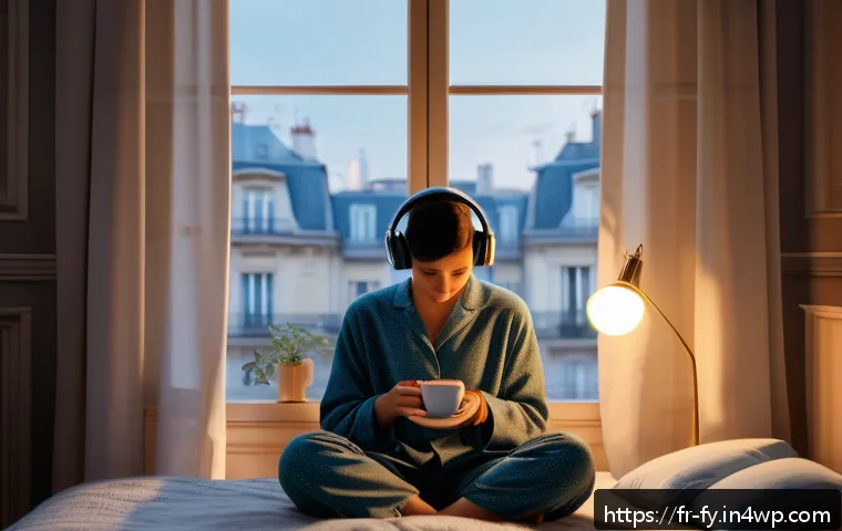 ASMR이 불안감 감소에 미치는 영향 - A serene, cozy bedroom scene at dusk with soft, warm lighting and a person wearing comfortable pajam...