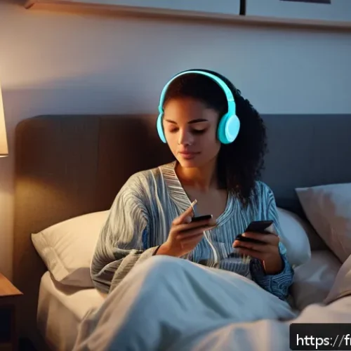 ASMR이 감정적 지지에 미치는 효과 - A serene bedroom scene at night with soft, warm lighting and a young adult woman wearing comfortable...