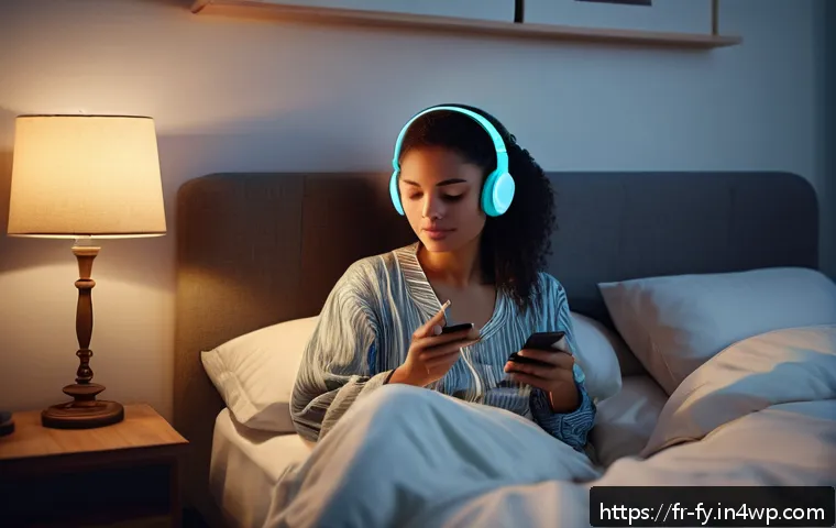 ASMR이 감정적 지지에 미치는 효과 - A serene bedroom scene at night with soft, warm lighting and a young adult woman wearing comfortable...