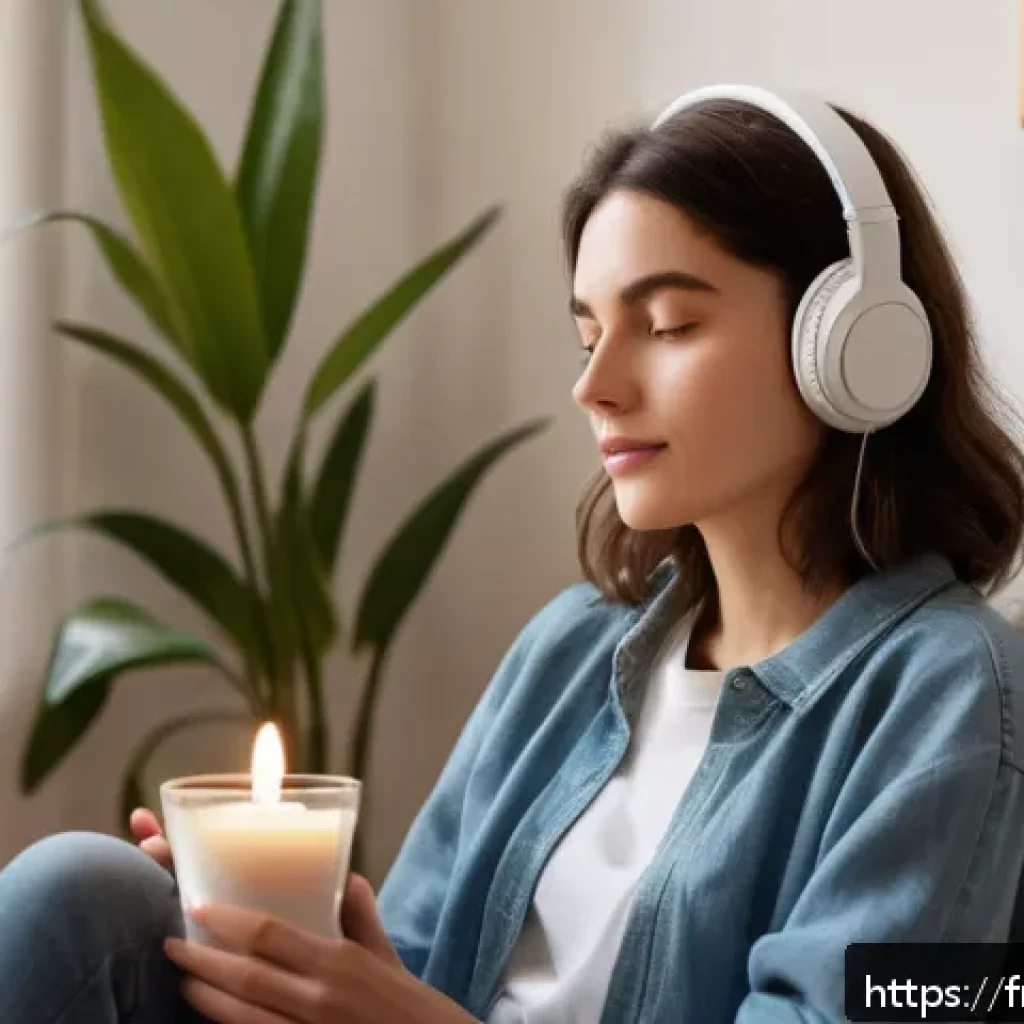 ASMR을 통한 스트레스 관리 기술 - A serene indoor scene showing a young adult woman sitting comfortably in a cozy corner of a modern P...