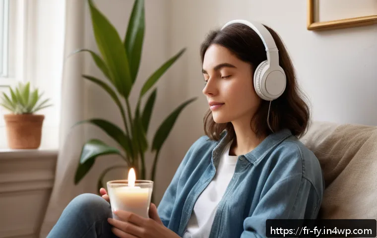 ASMR을 통한 스트레스 관리 기술 - A serene indoor scene showing a young adult woman sitting comfortably in a cozy corner of a modern P...