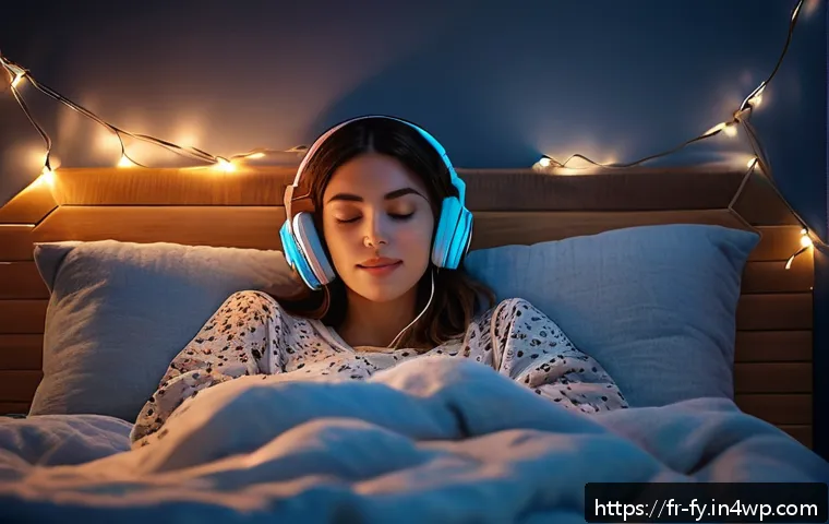 ASMR의 심리적 효과에 대한 개인적 경험 - A cozy, dimly lit bedroom scene at night featuring a young adult woman wearing comfortable pajamas a...