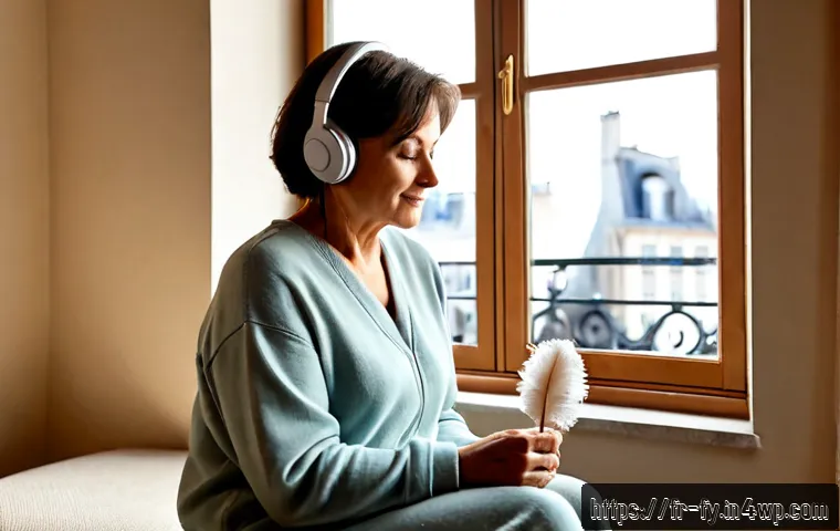 Home 17 ASMR을 통한 심리적 웰빙 증진 전략 - Photorealistic French wellness scene, a relaxed middle-aged woman wearing soft loungewear and over-e...