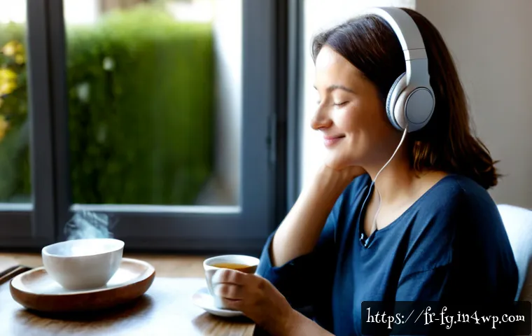ASMR이 미치는 심리적 이점 - Photorealistic close-up of a relaxed French woman in her forties wearing comfortable modest clothing...